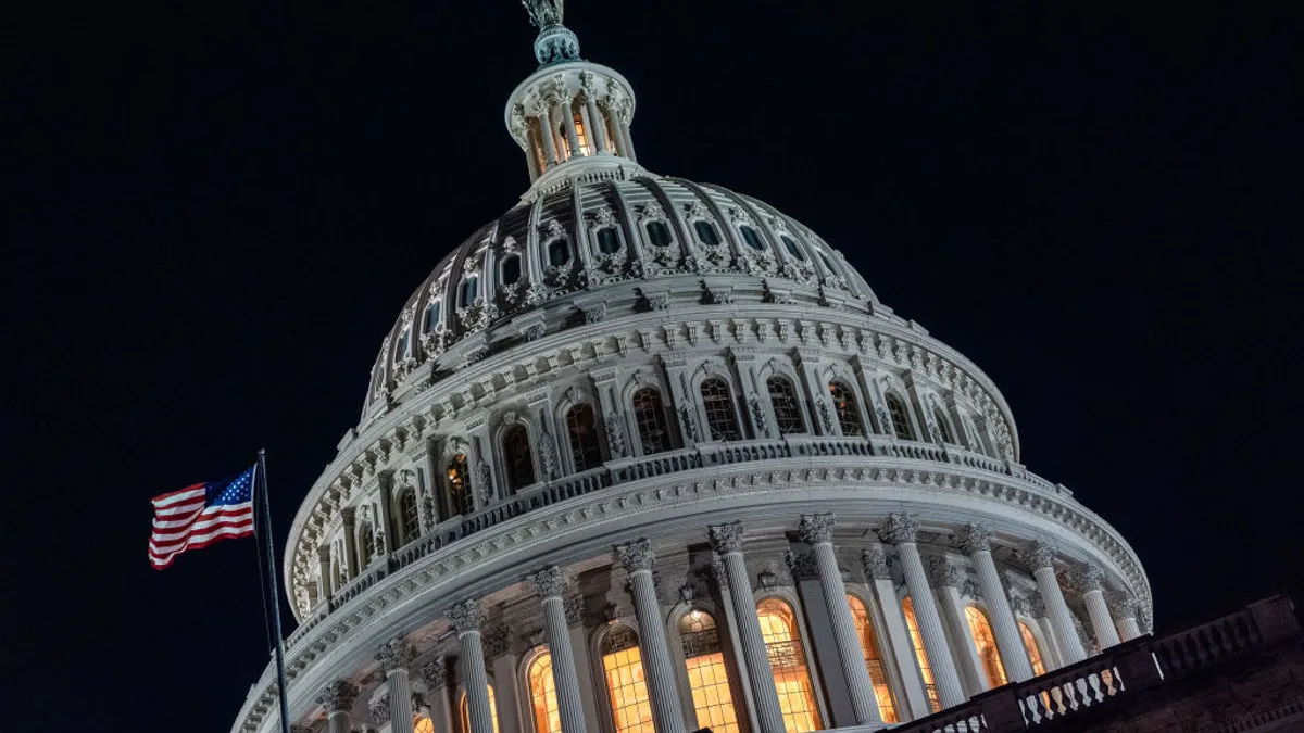 The dome of the U.S. Capitol is seen at night