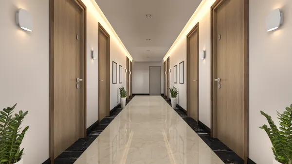 3d rendering modern luxury wood and tile hotel corridor