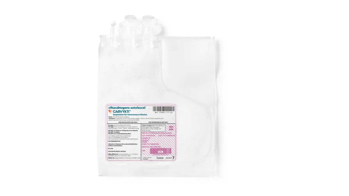 A photograph of an infusion bag of Carvkyti, J&J and Legend Biotech's cancer cell therapy