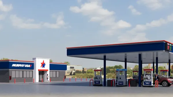 A rendering of the exterior of a convenience store and gas station. Text on the convenience store reads Murphy USA.