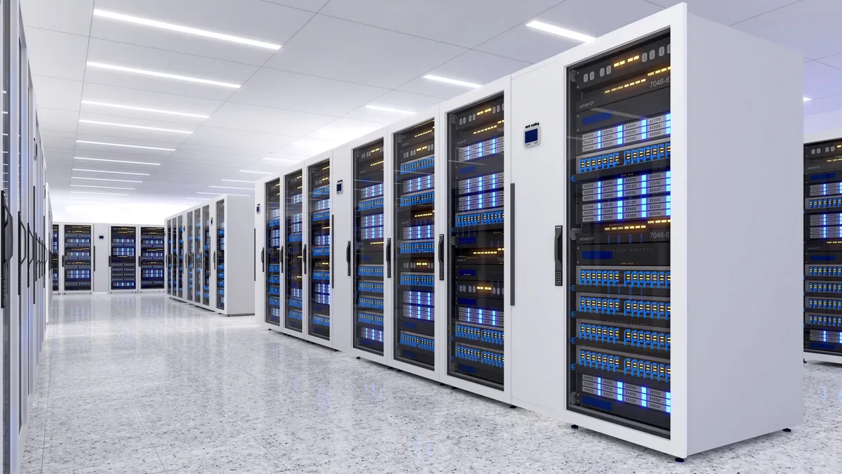 Shot of Data Center With Multiple Rows of Fully Operational Server Racks. Modern.