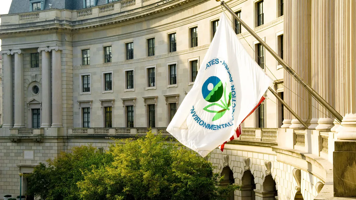 Flag hanging from government building