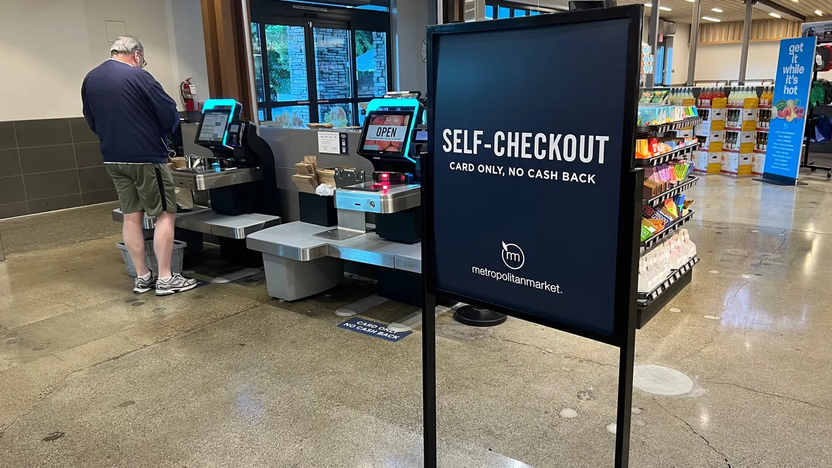 A self-checkout station at a Metropolitan Market store in Mercer Island, Washington.