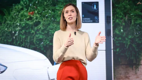 Rebecca Tinucci speaks onstage during Uber’s GO-GET Zero event at the Science Museum in London.