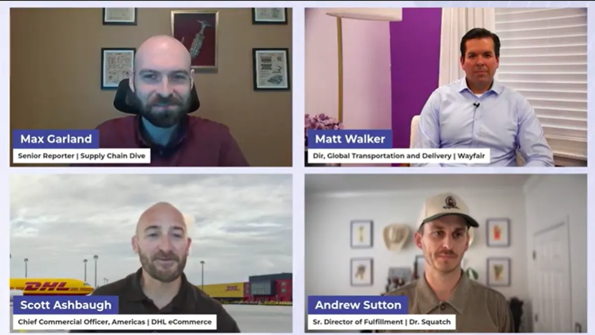 Scott Ashbaugh of DHL eCommerce, Andrew Sutton of Dr. Squatch and Matt Walker of Wayfair speak with Supply Chain Dive Senior Reporter Max Garland during a May 7 panel on e-commerce delivery.