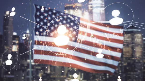 Digital people icons connected to each other cover over the American flag