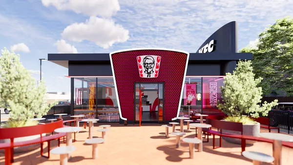 A rendering of a KFC next-generation restaurant that includes pink neon lights and black facade.