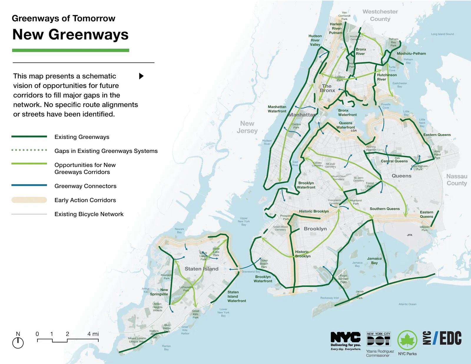 Map of the five boroughs of New York City with lines designated current and future bike and pedestrian paths.