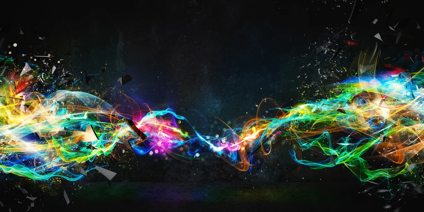 A vibrant dance of colors intertwines across a dark canvas, showcasing the dynamic interplay of light and energy.