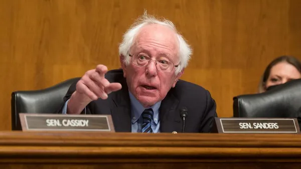 A close-up of Sen. Bernie Sanders speaking in Dirksen, a U.S. Senate building