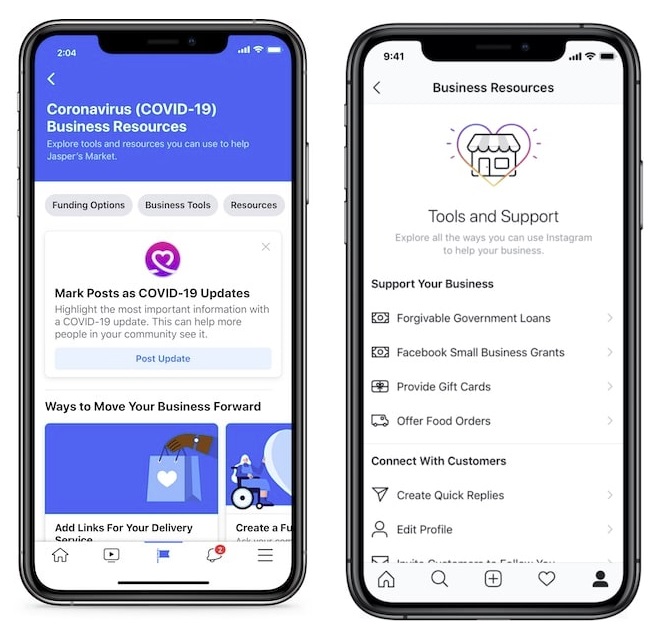 Facebook and Instagram COVID-19 support hubs