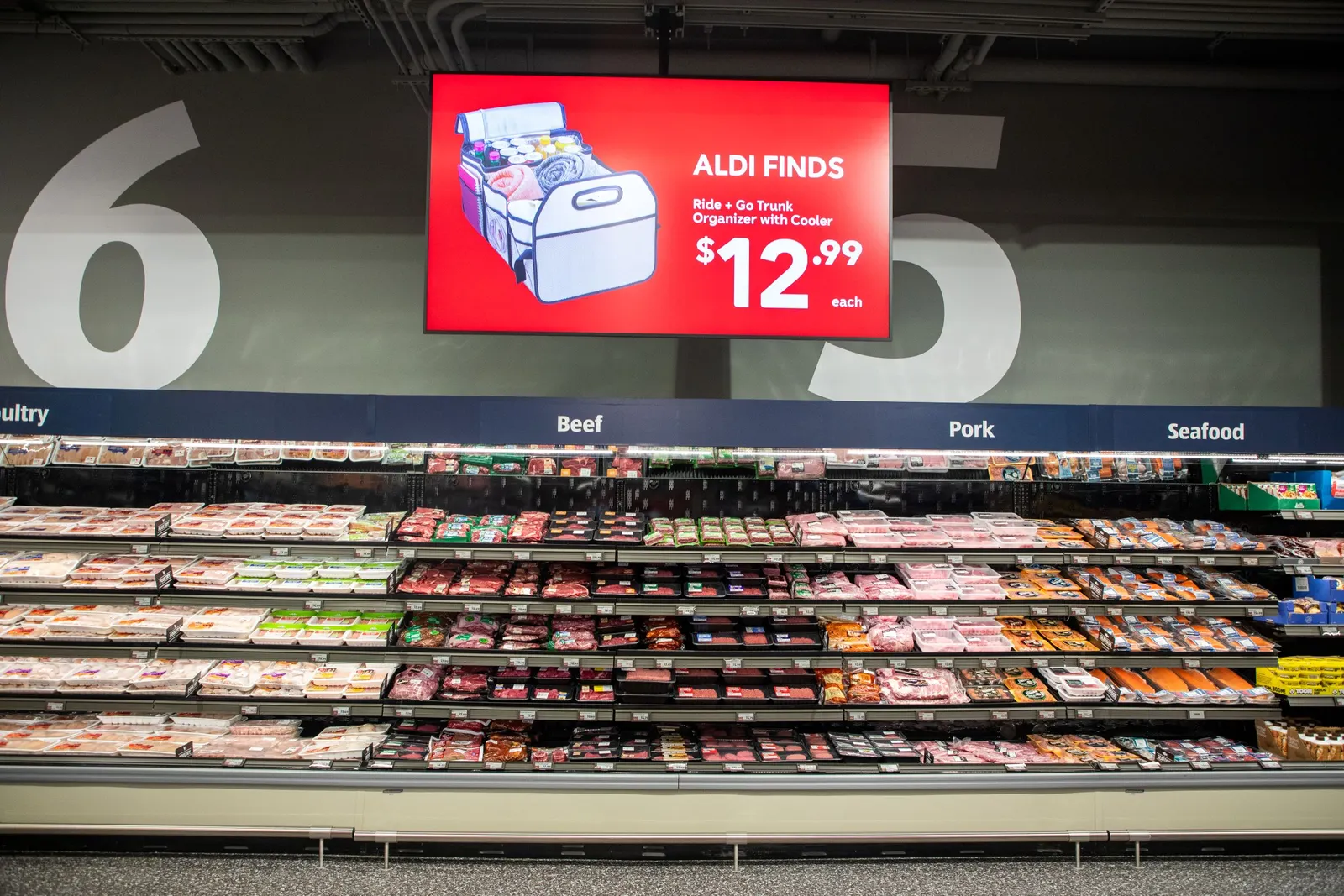 Prepackaged meat display in grocery store