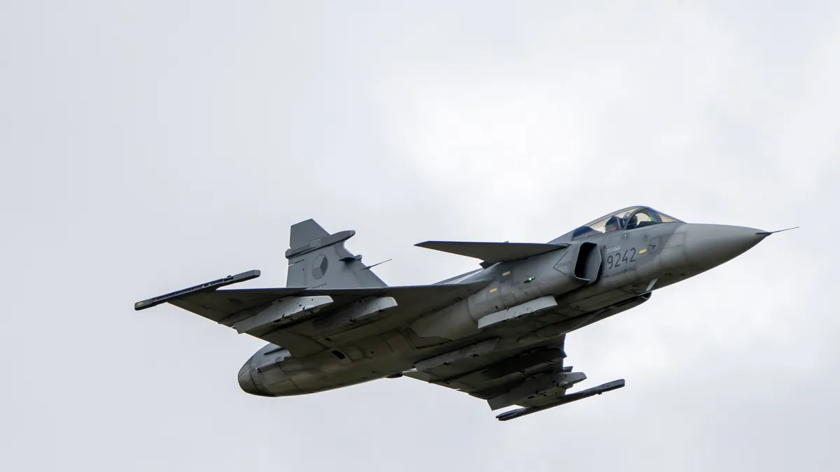 Saab Gripen fighter jet performs at Royal Military AIr Tattoo July 2023