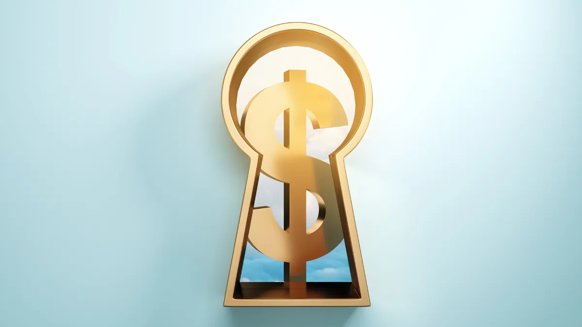 Keyhole with golden dollar sign on blue background. Money concept. 3D Rendering