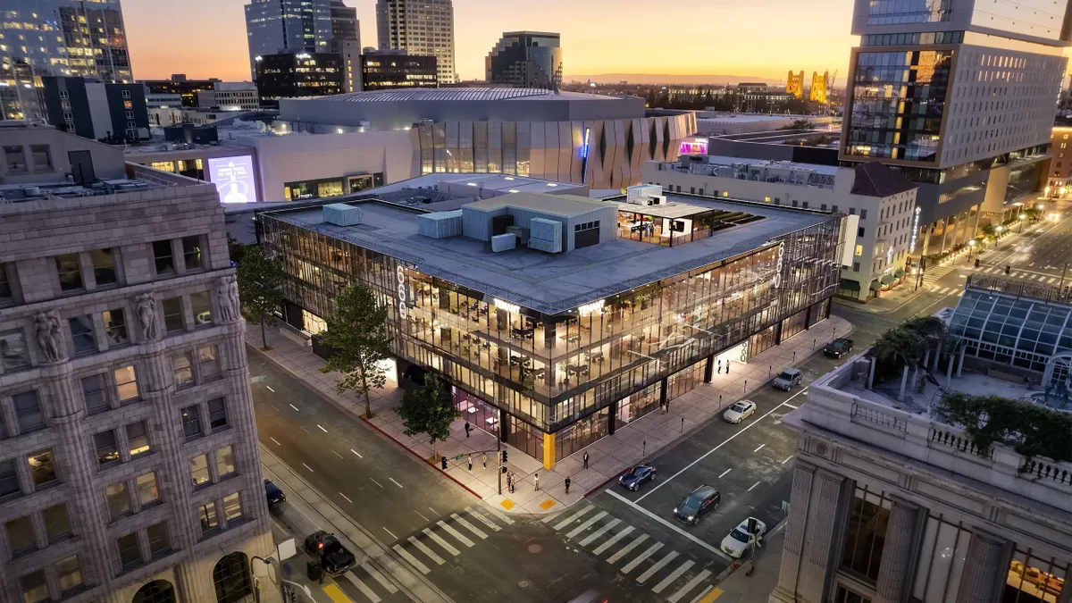An architectural rendering of an aerial view of a modern building.