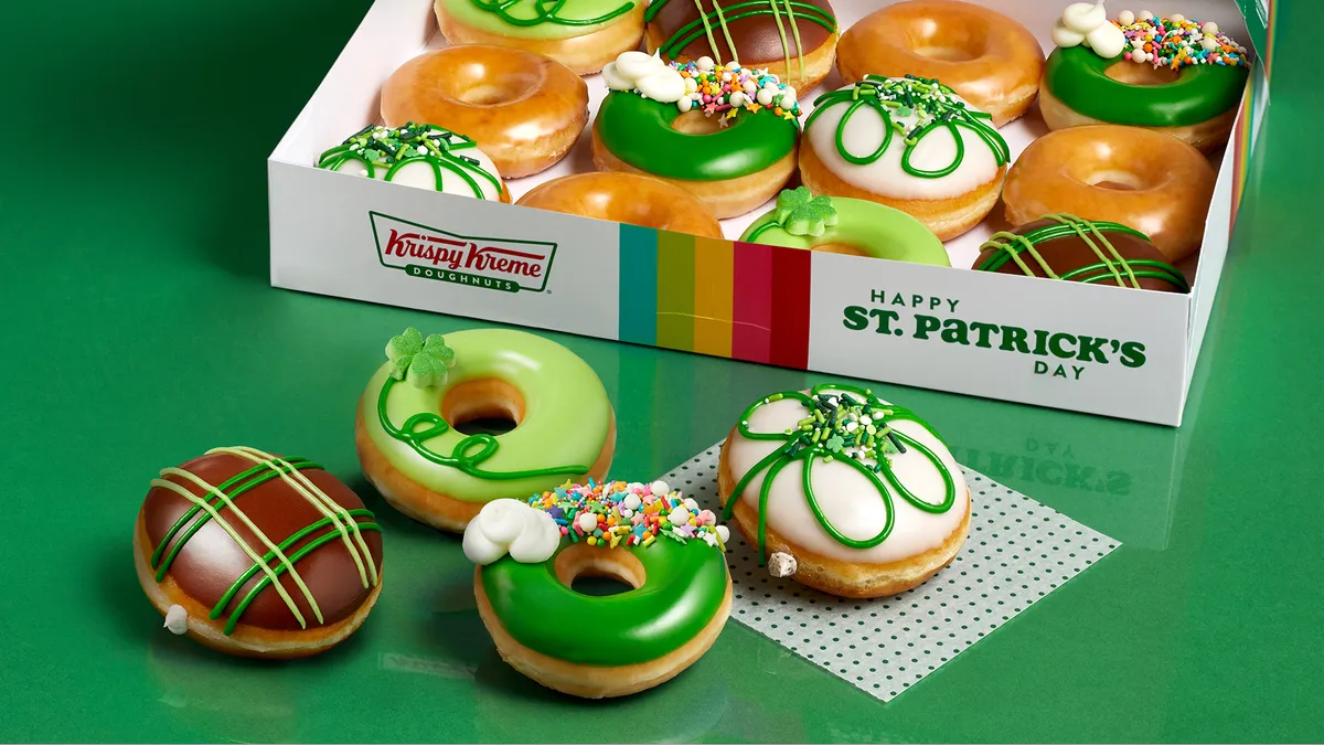 A box of St. Patrick's Day themed Krispy Kreme doughnuts.