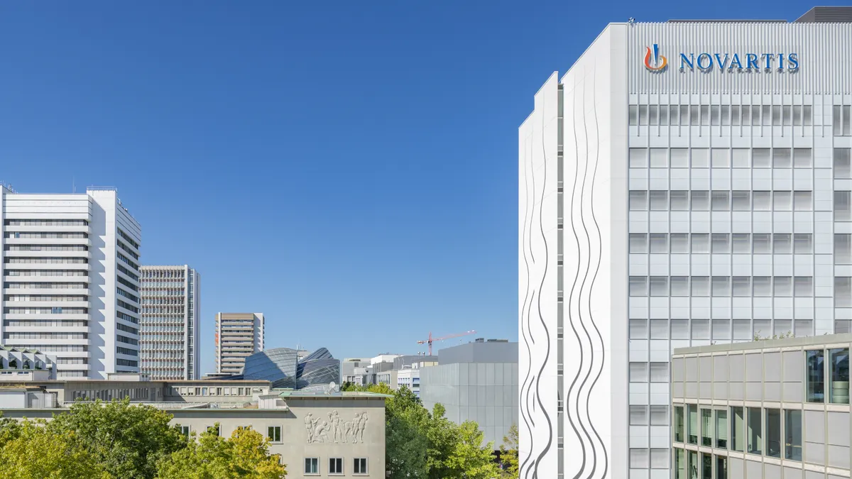 View of the Novartis logo on the Banting 1 building, Novartis Campus Basel.
