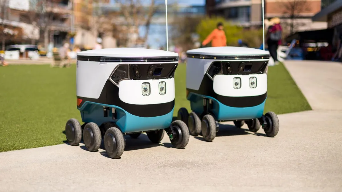 A photograph of Cartken autonomous delivery robots in Fairfax, Virginia.