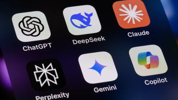 Popular AI virtual assistant apps on a smartphone, including ChatGPT, DeepSeek, Anthropic Claude, Perplexity, Google Gemini and Microsoft Copilot.