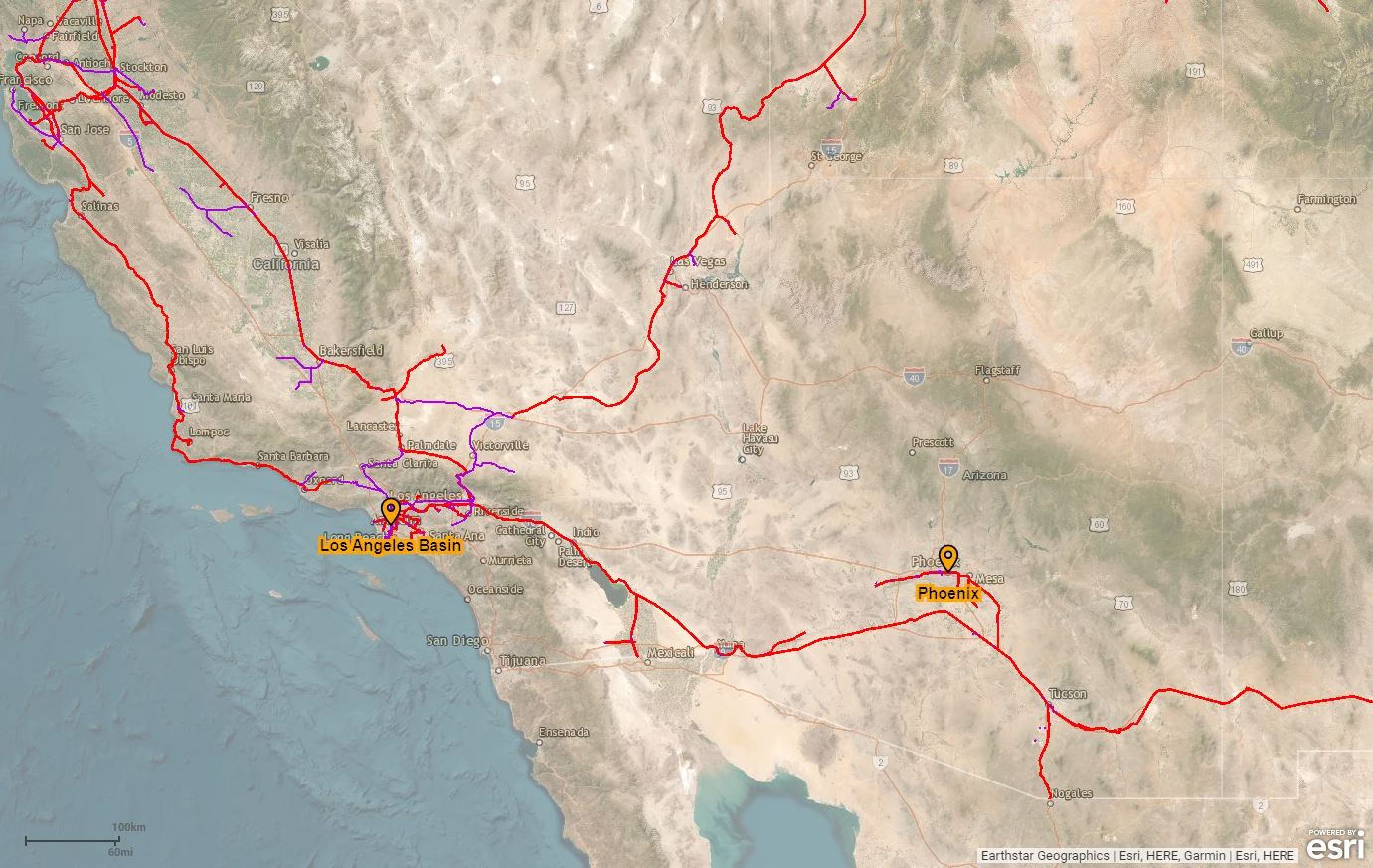 Union Pacific Phoenix to Los Angeles ports map