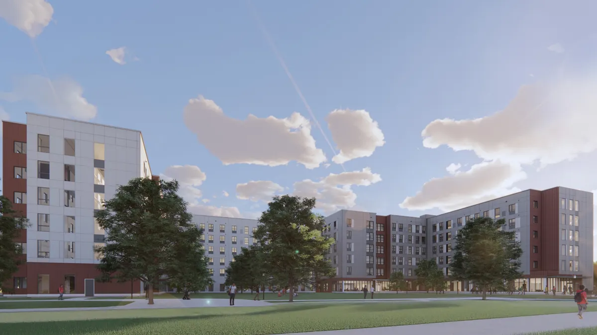 A rendering of a tall building with windows and brown stone on a green piece of land.