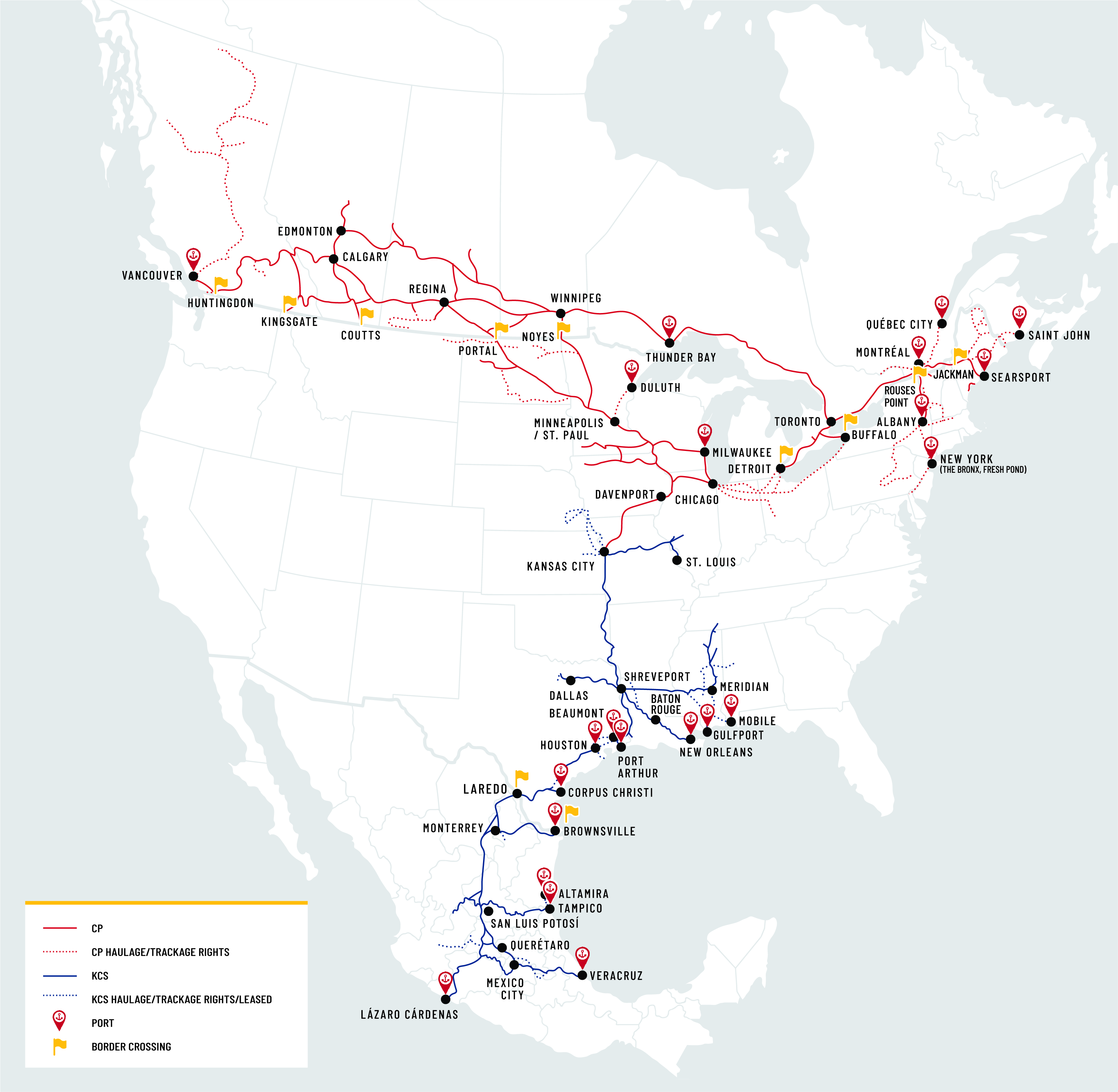 A proposed map of Canadian Pacific and Kansas City Southern's combined network.