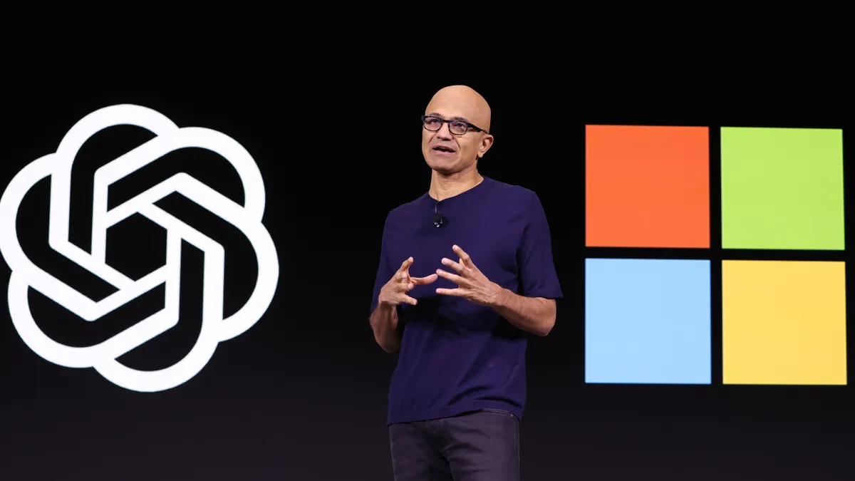 Microsoft CEO Satya Nadella speaks during the OpenAI DevDay event on November 06, 2023 in San Francisco, California. Altman delivered the keynote address at the first-ever Open AI DevDay conference.