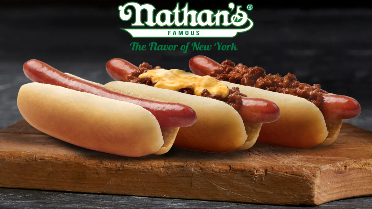 An image of hot dogs offered via Nathan's Famous virtual brand partnership with Nextbite.