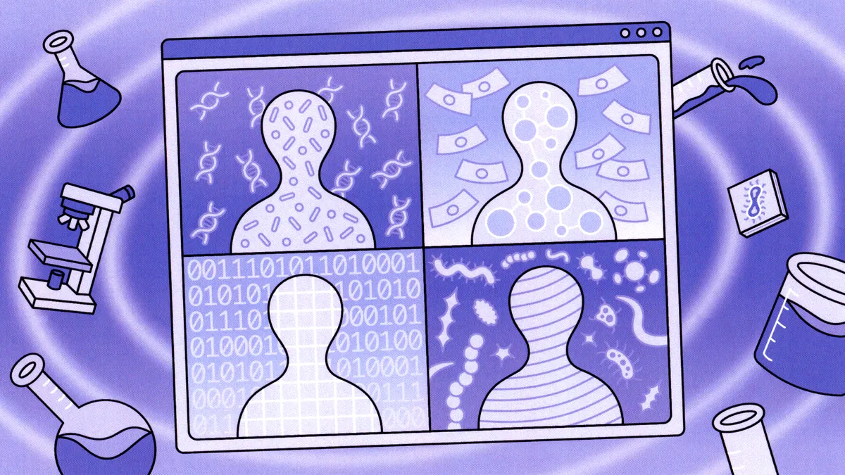 An illustration of a zoom screen with four anonymous characters situated on backdrops of DNA, dollar signs, binary code, and miscellaneous microscopic figures.