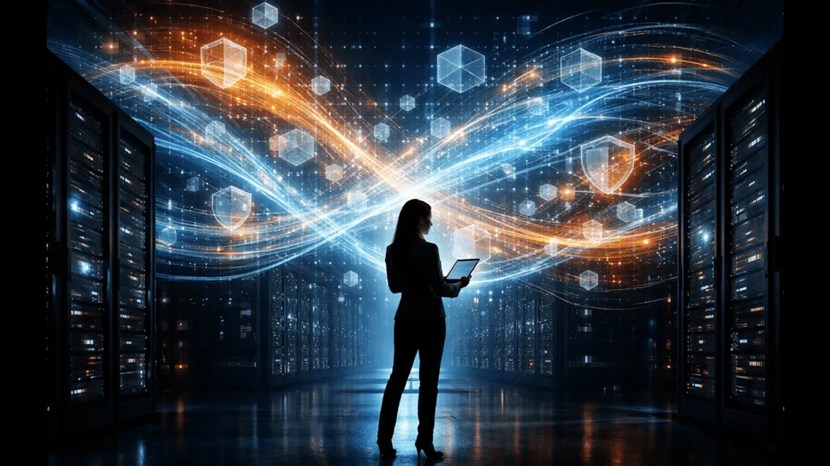 An illustration of a person with a computer and server magic around them.