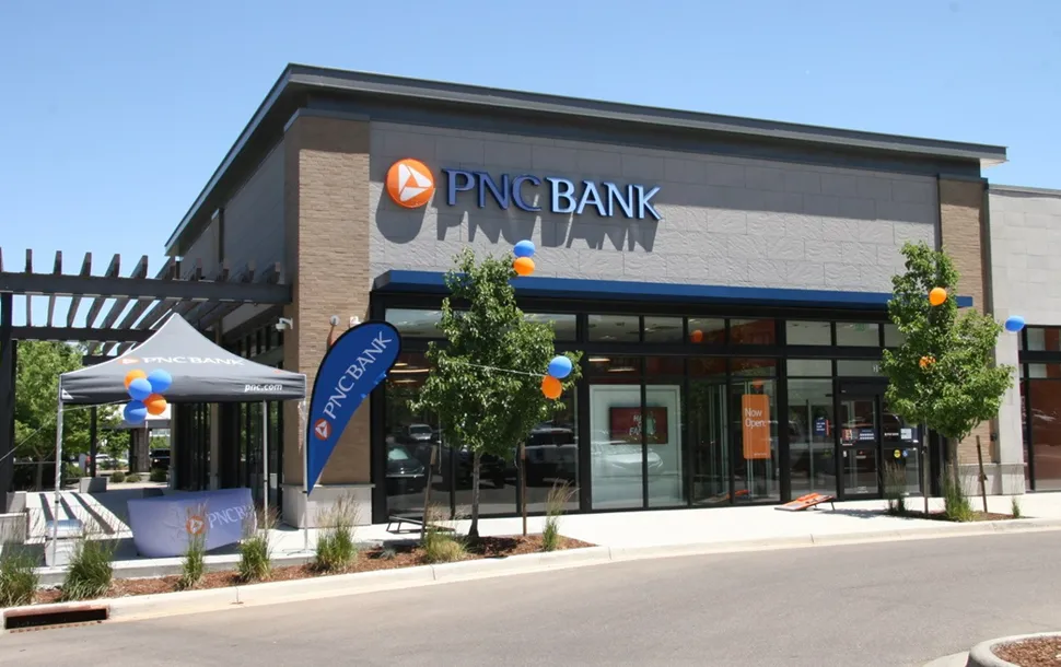 A newer PNC branch is shown, with "PNC" signage on the exterior of the building.