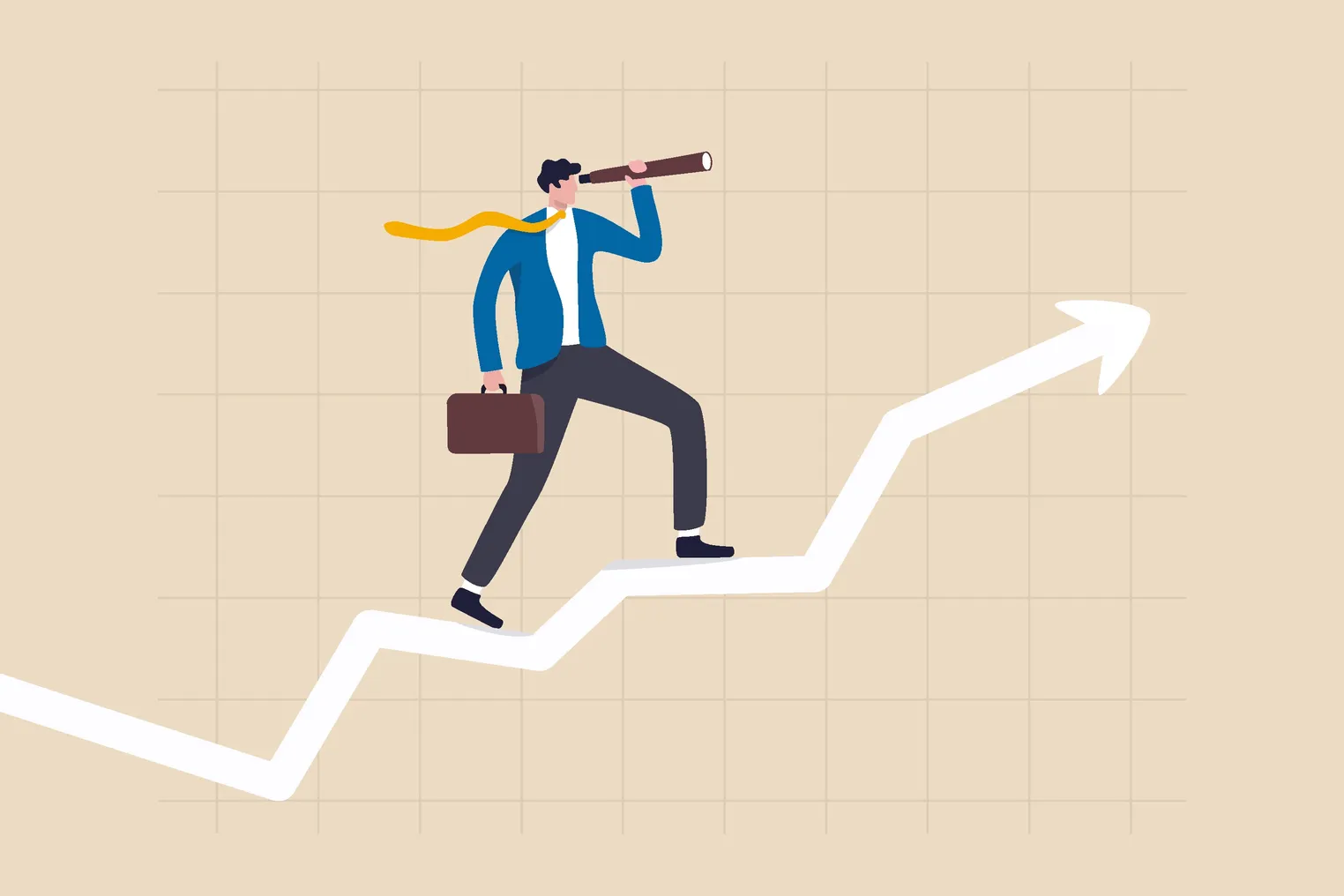 Business vision to see opportunity, investor fortune or profit growth, career achievement concept, smart businessman manager using telescope to see future standing on top of rising arrow market graph.