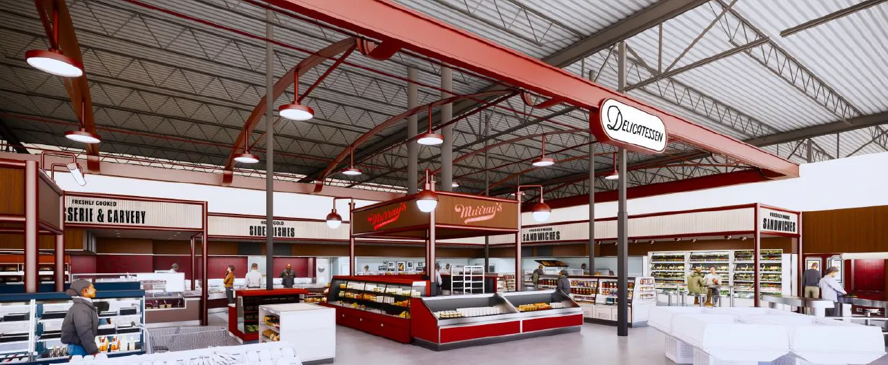 Rendering of prepared food section in a grocery store.