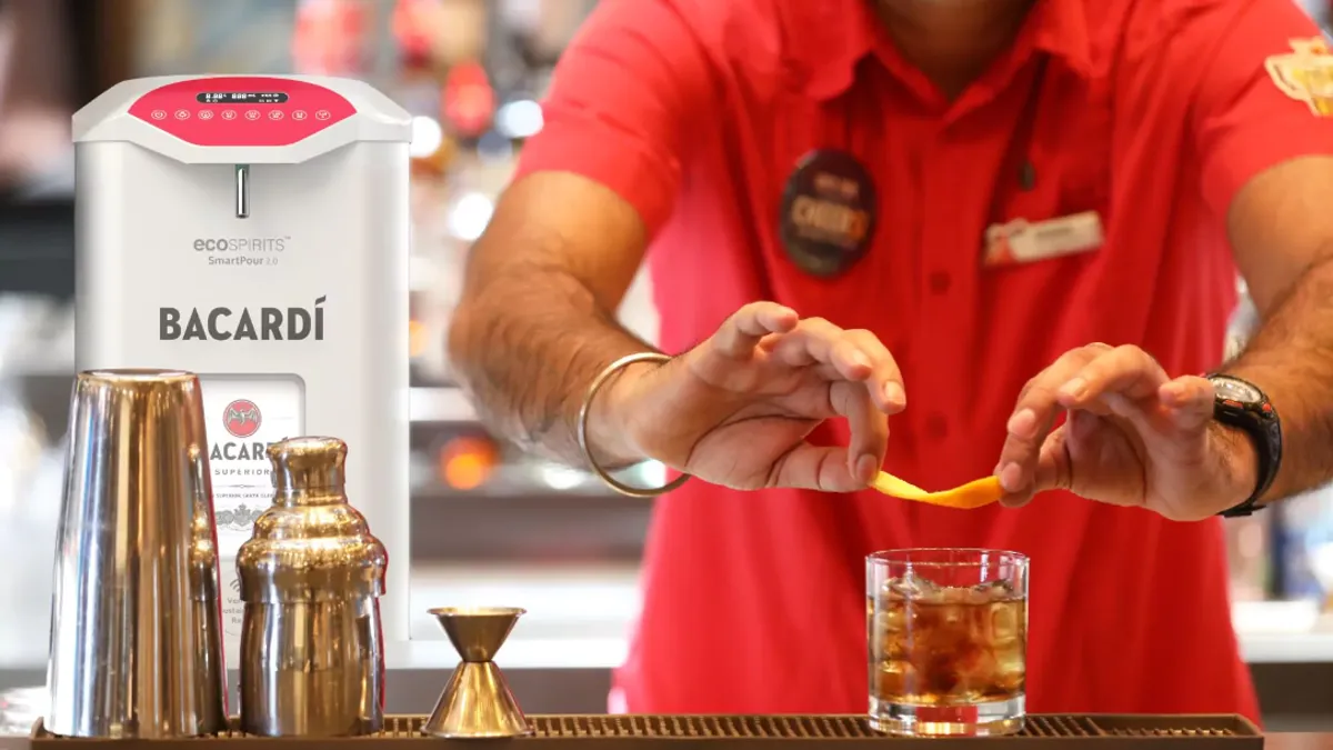 ecoSPIRITS' dispenser solution for serving Bacardi using less single-use glass on Carnival cruise ships.