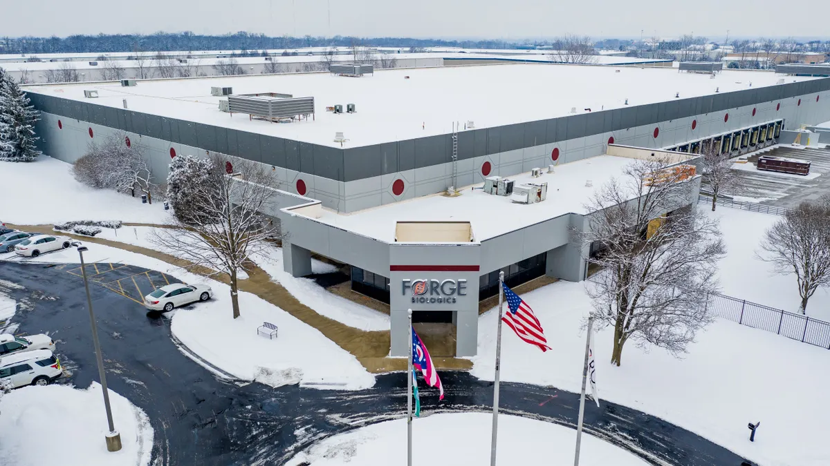Forge Biologics' headquarters in Columbus, Ohio, covered in snow.