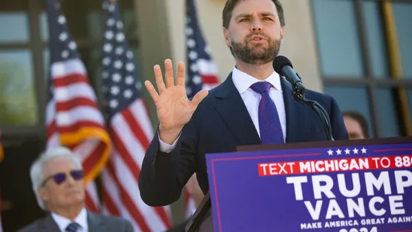 Former vice presidential candidate, U.S. Sen. J.D. Vance (R-OH) speaks during a press conference at the Shelby Township Police Department on August 7, 2024.