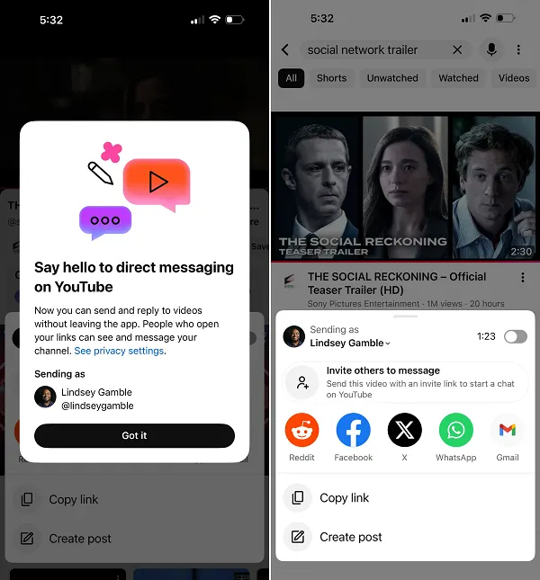 YouTube messaging