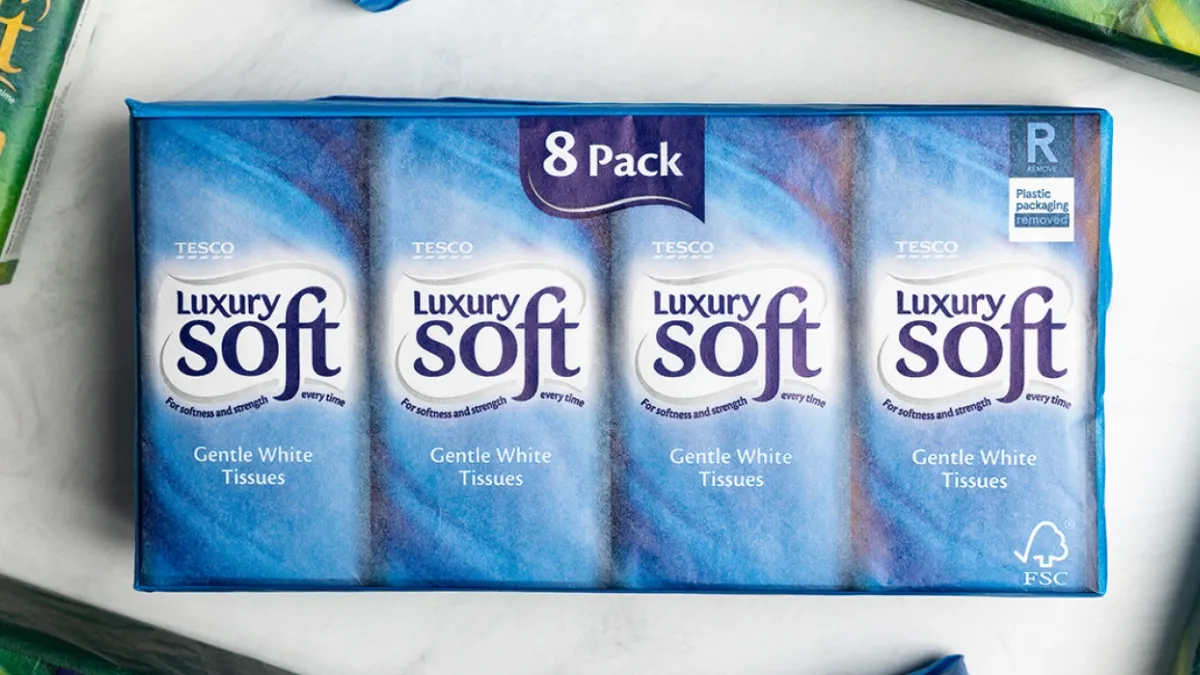 An eight-pack bundle of Tesco branded packs of tissues.