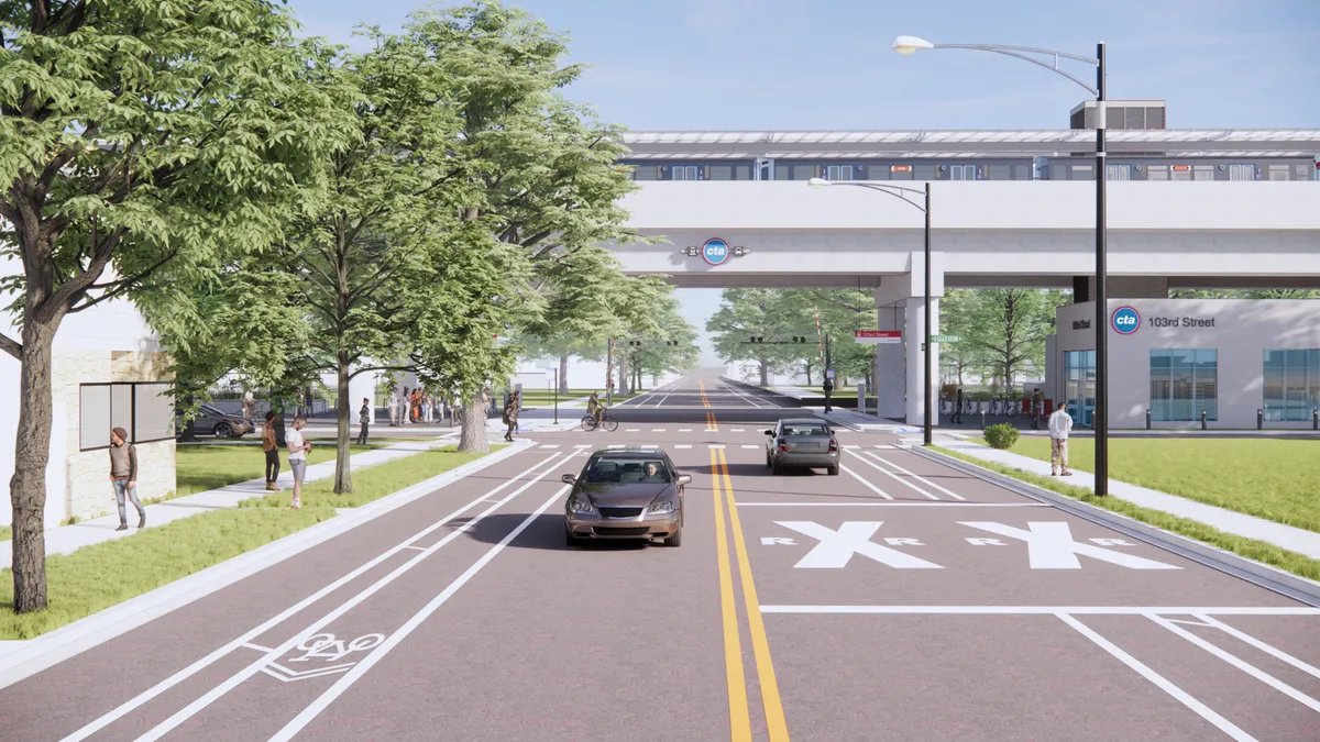 A rendering of Chicago's Red Line Expansion at 103rd street. The computer generated, polygon-based render features a busy street, with an overpass for trains above. A train is zooming by.