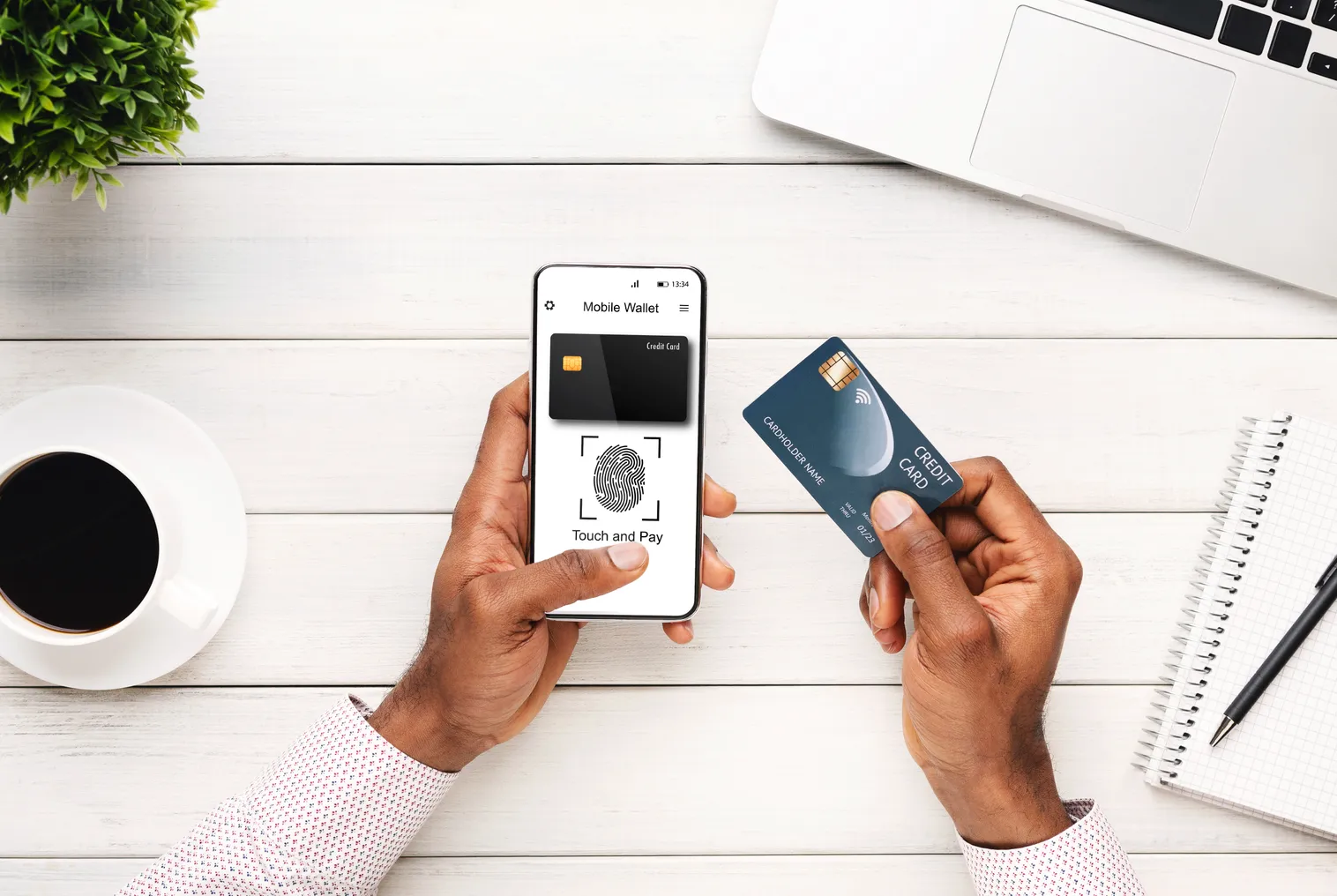 A Person With a Phone Using a Mobile Wallet Application At Workplace