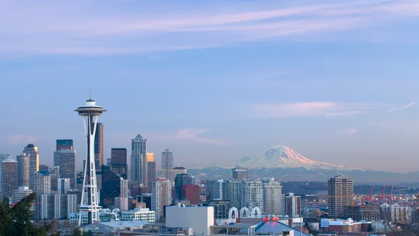 Seattle USA, Washington State, Seattle skyline and Mount Rainier - stock photo