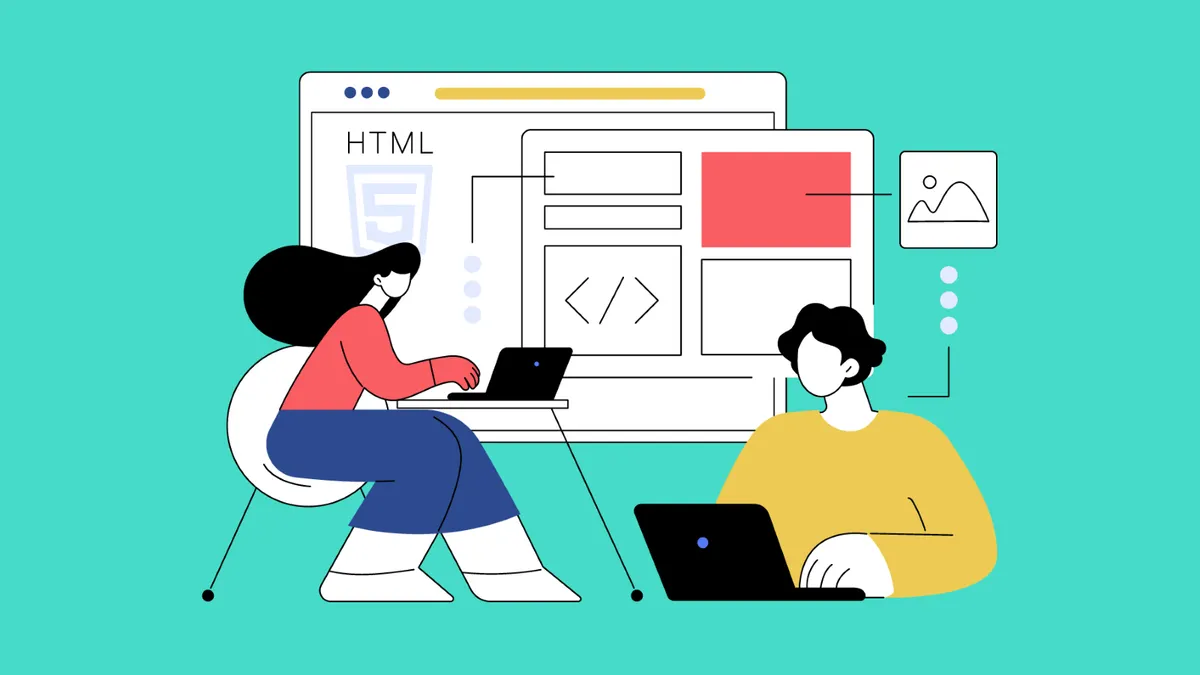 An illustration of two people on their laptop working with HTML5.