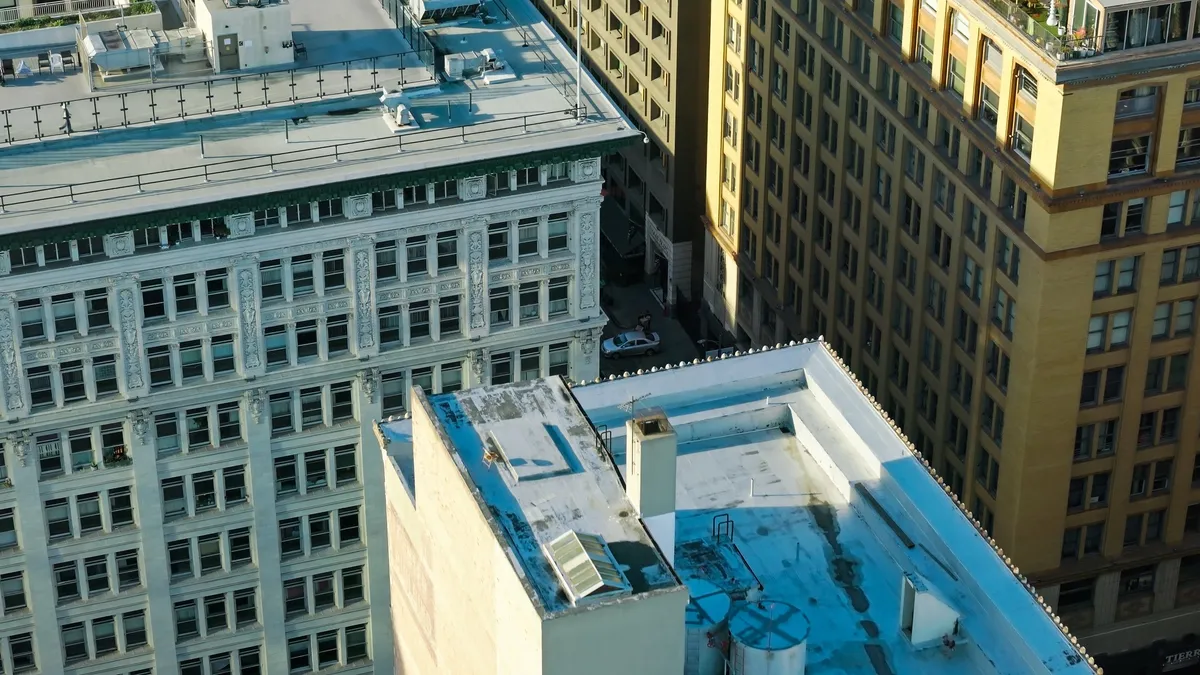 An aerial shot of Seventh Street in downtown Los Angeles, California on a sunny spring day.