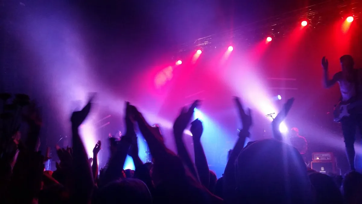 Concert goers, in silhouette, clap along with a guitar player (on stage, far right), as lights cast purple, blue and pink hues.