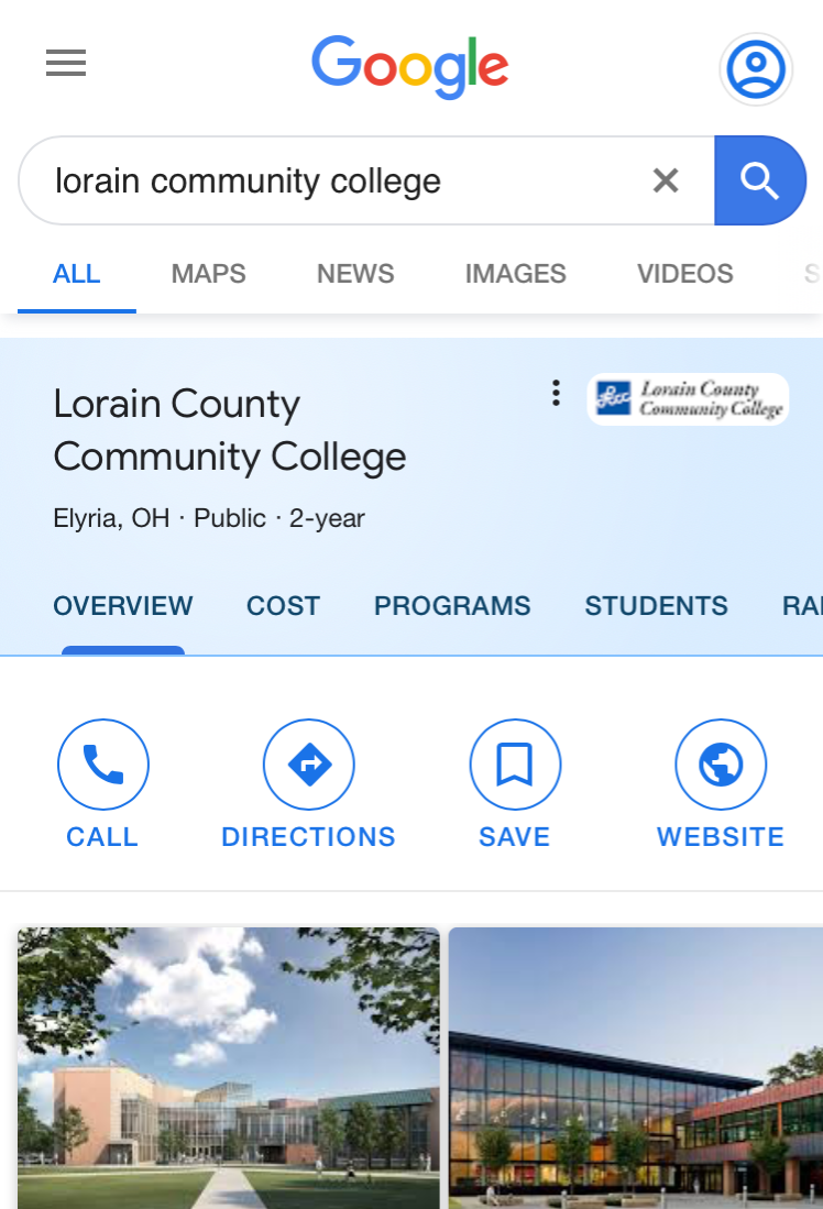 Screenshot of Google's community college search feature.