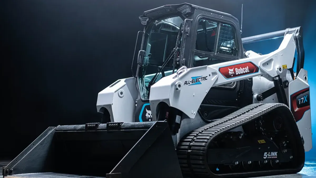 A promotional photo of the Bobcat T7X, an electric-powered track loader.