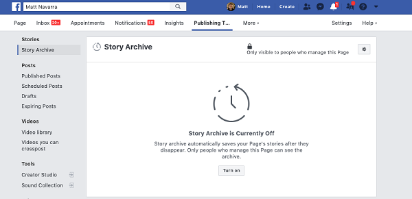 Facebook Stories archive for Pages example