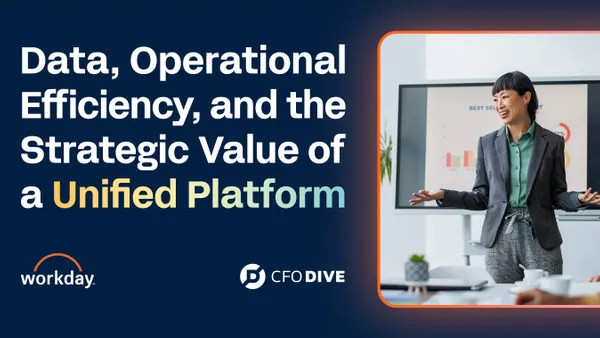 A professional woman presents in an office, with a bar chart on a screen behind her. The image's title is "Data, Operational Efficiency, and the Strategic Value of a Unified Platform," and it features the Workday and CFO Dive logos.
