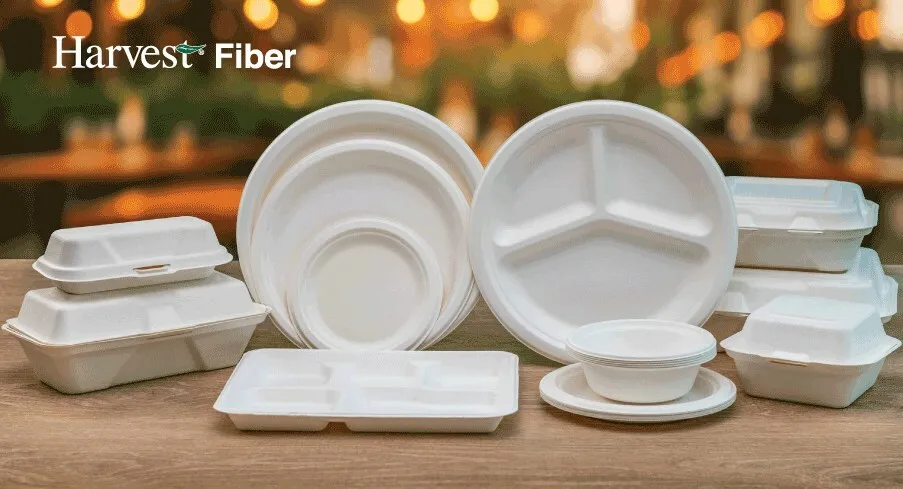 A variety of beige-colored food service cartons and plates.