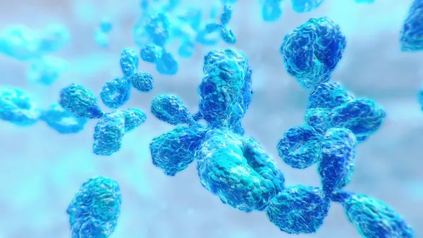 Illustration of antibodies and immune cells involved in an immune response.